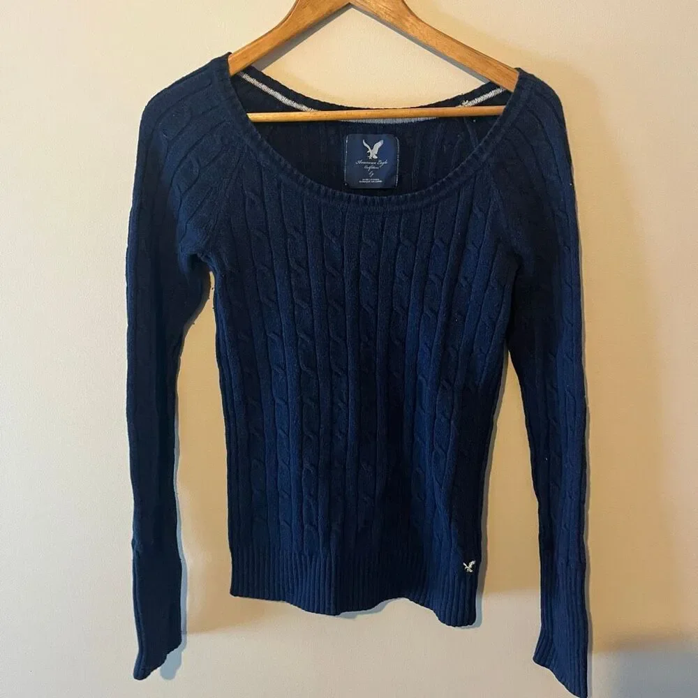 American Eagle Navy Scoop Neck Cable Knit Sweater - Y2K Bella Swan Style Large